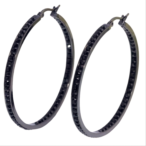 Black Metal Rhinestone Hoop Earrings Sparkle Crystal Big Channel Hoops Dark Glam - Picture 8 of 12